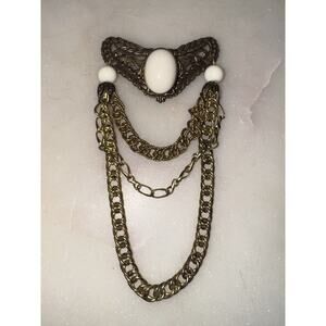 Jan Michaels Antiqued Brass Brooch Cabochon & Drape Chains Victorian Revival
